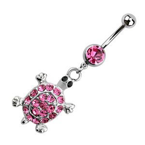 Rózsaszín kővel kirakott teknős köldök piercing - Piercing